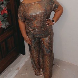 Gold sequin wide leg jumpsuit